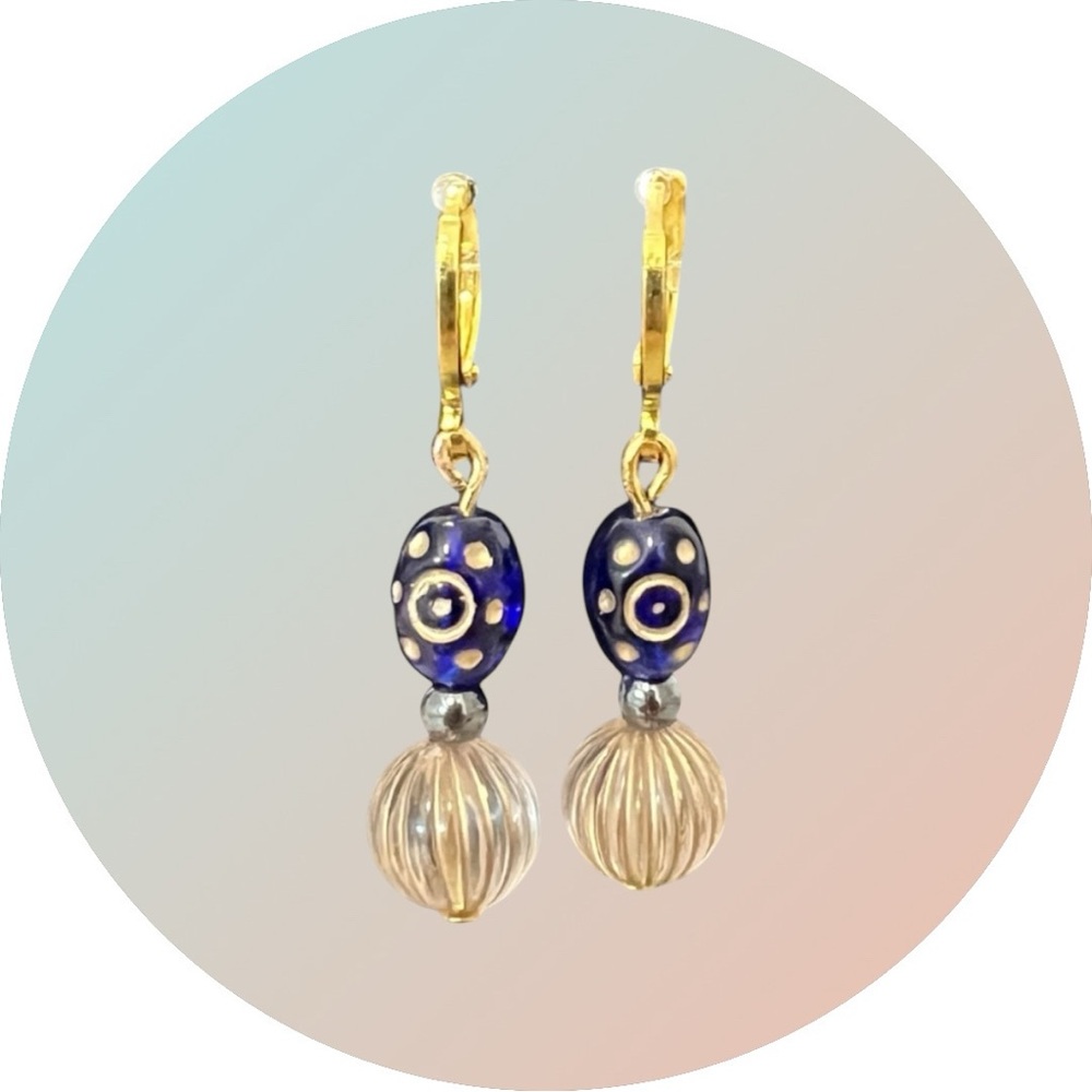 BOUTIQUE Elegant Blue and Gold Beaded Earrings, Dainty, Vintage, Classy, Light